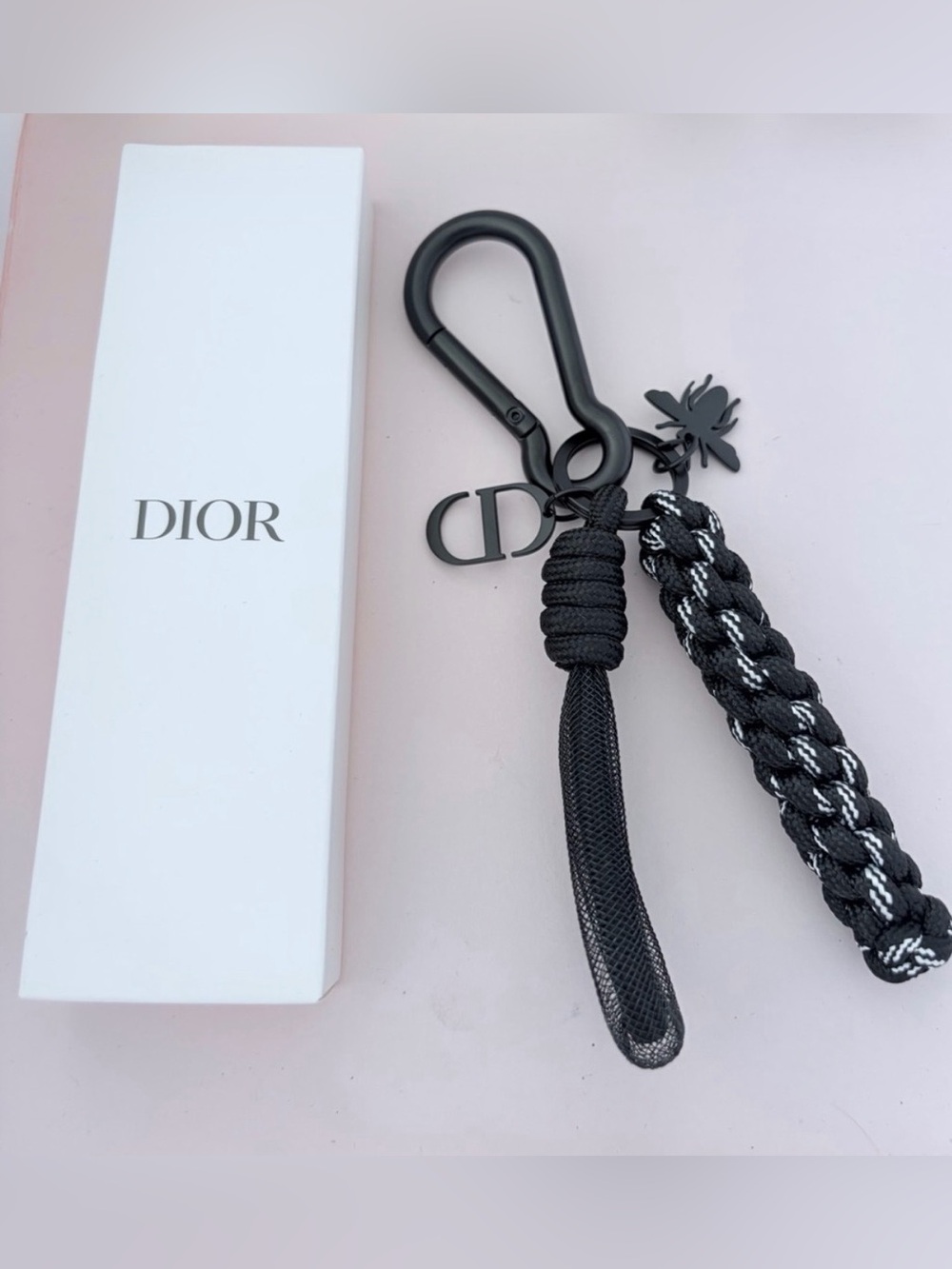 Dior Black Braided Strap Keyring with Matte CD Charm